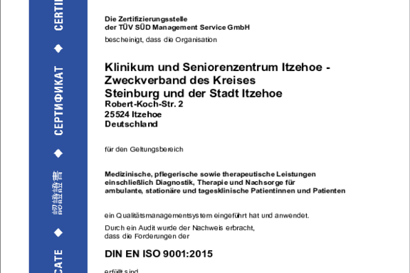Öffnet das Zertifikat des TÜV SÜD nach den Anforderungen der DIN EN ISO 9001:2015 für das Klinikum und Seniorenzentrum Itzehoe