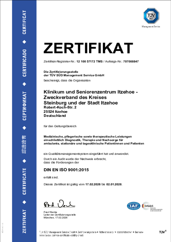 Öffnet das Zertifikat des TÜV SÜD nach den Anforderungen der DIN EN ISO 9001:2015 für das Klinikum und Seniorenzentrum Itzehoe