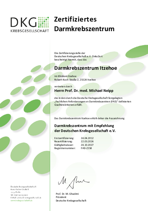 Öffnet das Zertifikat der Deutschen Krebsgesellschaft nach deren Anforderungen für das Darmkrebszentrum Itzehoe