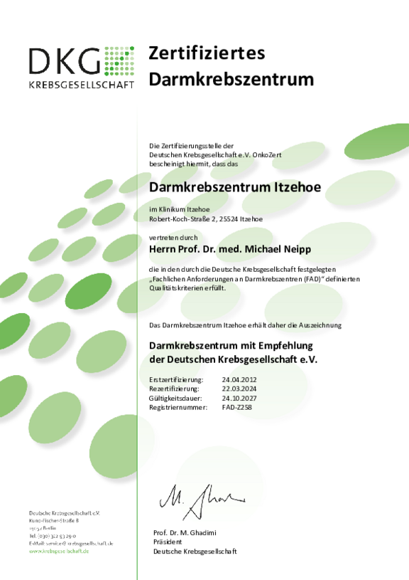 Öffnet das Zertifikat der Deutschen Krebsgesellschaft nach deren Anforderungen für das Darmkrebszentrum Itzehoe