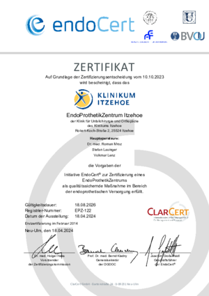 Zertifikat von ClarCert nach den Anforderungen der Initiative EndoCert für das EndoProthetikZentrum Itzehoe, gültig bis zum 18.08.2026