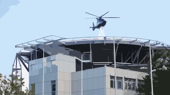 Bildliche Darstellung - Hubschrauber landet oder startet auf Hubschrauberlandeplatz.
