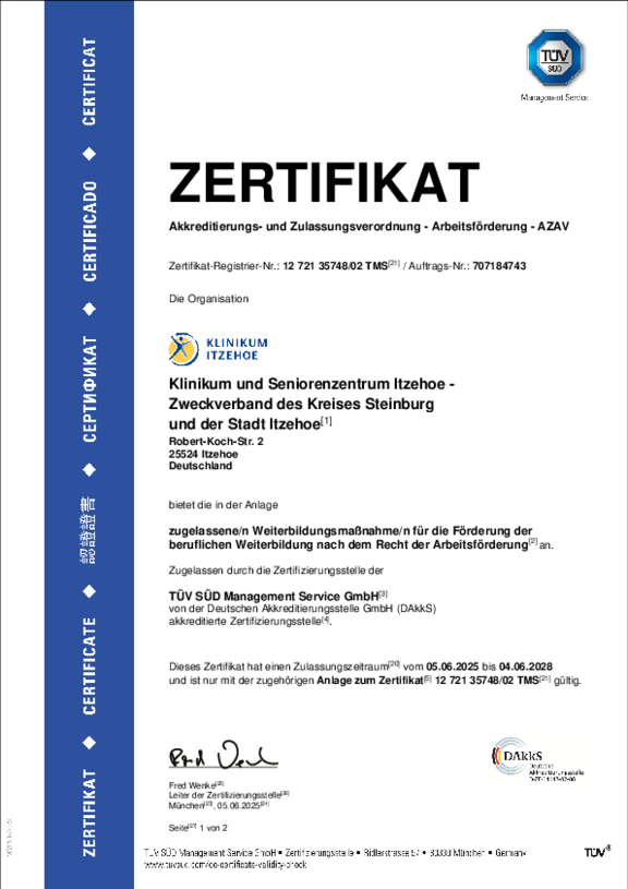 Öffnet das Zertifikat des TÜV SÜD nach den Anforderungen der AZAV als zugelassene Weiterbildungsmaßnahme für die Förderung der beruflichen Weiterbildung nach dem Recht der Arbeitsförderung