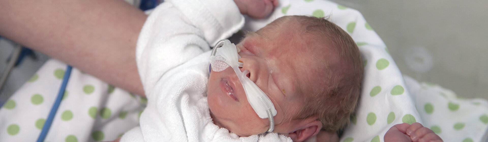 Ein Frühgeborenes mit Beatmungsschläuchen in der Nase wird von den Händen eine Pflegefachkraft gehalten.