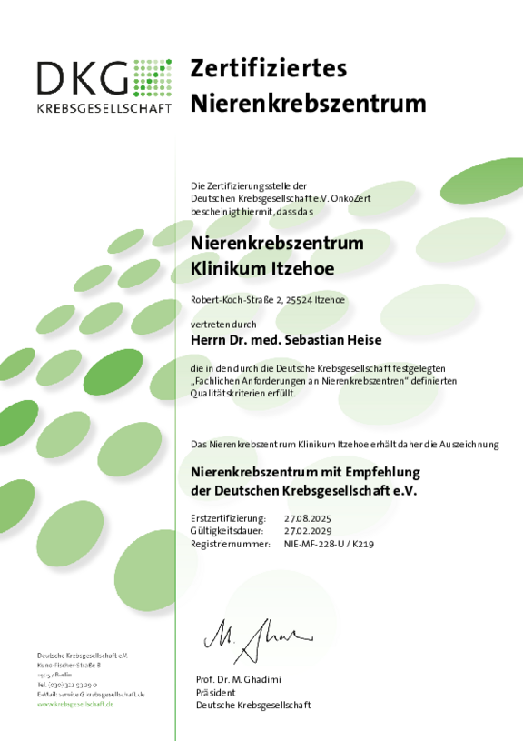 Öffnet das Zertifikat der Deutschen Krebsgesellschaft nach deren Anforderungen für das Nierenkrebszentrum Klinikum Itzehoe