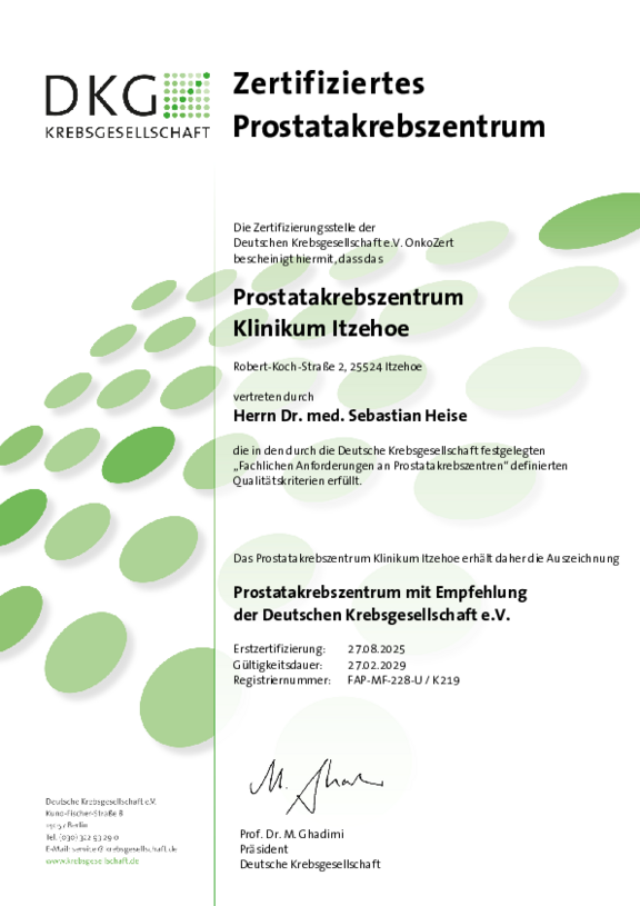 Öffnet das Zertifikat der Deutschen Krebsgesellschaft nach deren Anforderungen für das Prostatakrebszentrum Klinikum Itzehoe