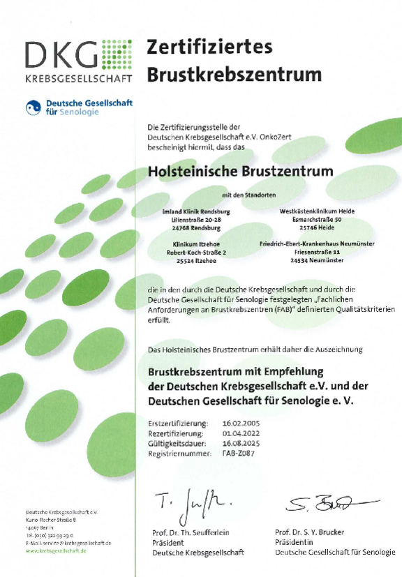 Öffnet das Zertifikat der Deutschen Krebsgesellschaft nach deren Anforderungen für das Holsteinische Brustzentrum