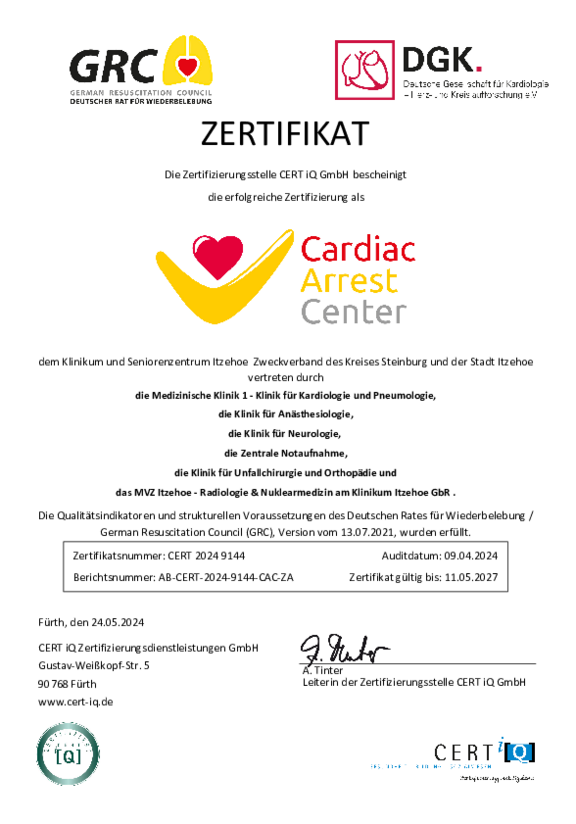 Öffnet das Zertifikat on CertIQ nach den Anforderungen des Deutschen Rates für Wiederbelebung und der Deutschen Gesellschaft für Kardiologie für das Cardiac Arrest Center, gültig bis zum 11.05.2027