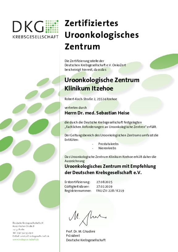 Öffnet das Zertifikat der Deutschen Krebsgesellschaft nach deren Anforderungen für das Uroonkologische Zentrum Klinikum Itzehoe für die Entitäten Prostatakrebs und Nierenkrebs
