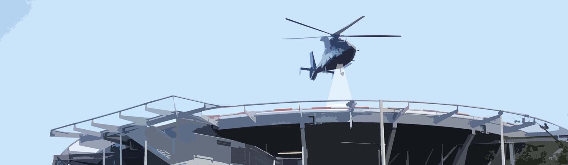 Bildliche Darstellung - Hubschrauber landet oder startet auf Hubschrauberlandeplatz.