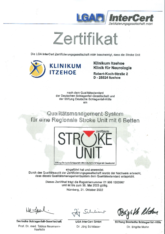 Öffnet das Zertifikat von LGA InterCert nach den Anforderungen der Deutschen Schlaganfall-Gesellschaft und der Stiftung Deutsche Schlaganfall-Hilfe für die Stroke Unit