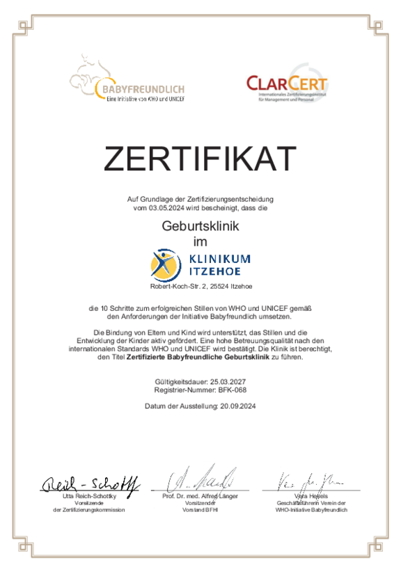 Öffnet das Zertifikat Zertifikat von ClarCert nach den Anforderungen der Initiative Babyfreundlich für die Zertifizierte Babyfreundliche Geburtsklinik, gültig bis zum 25.03.2027