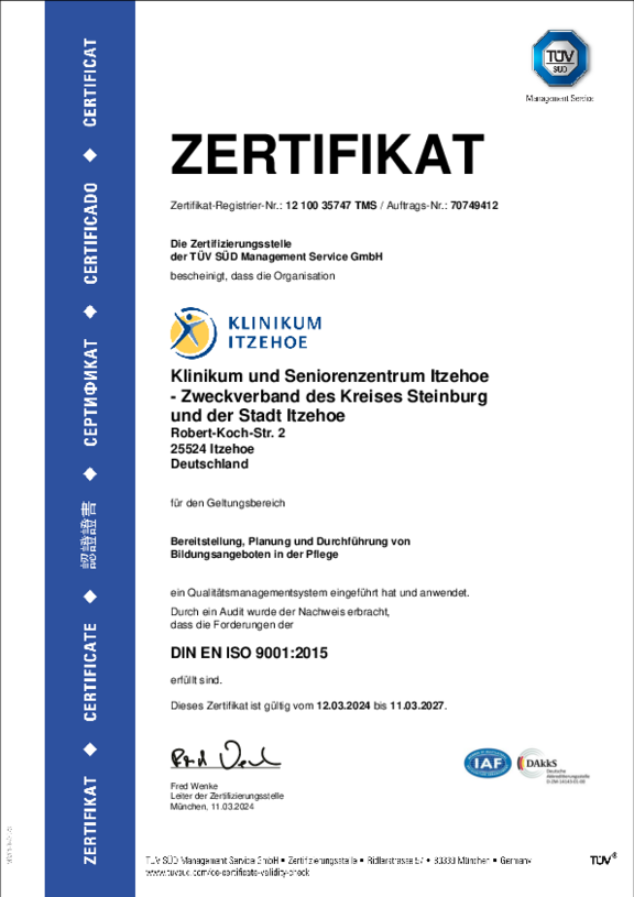 Öffnet das Zertifikat des TÜV SÜD nach den Anforderungen der DIN EN ISO 9001:2015 für den Geltungsbereich Bereitstellung, Planung und Durchführung von Bildungsangeboten in der Pflege