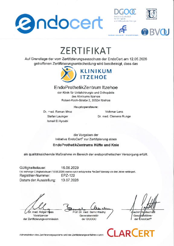 Öffnet das Zertifikat EndoCert-Zertifikat EndoProthetikZentrum Hüfte und Knie 07/2026 - 08/2029