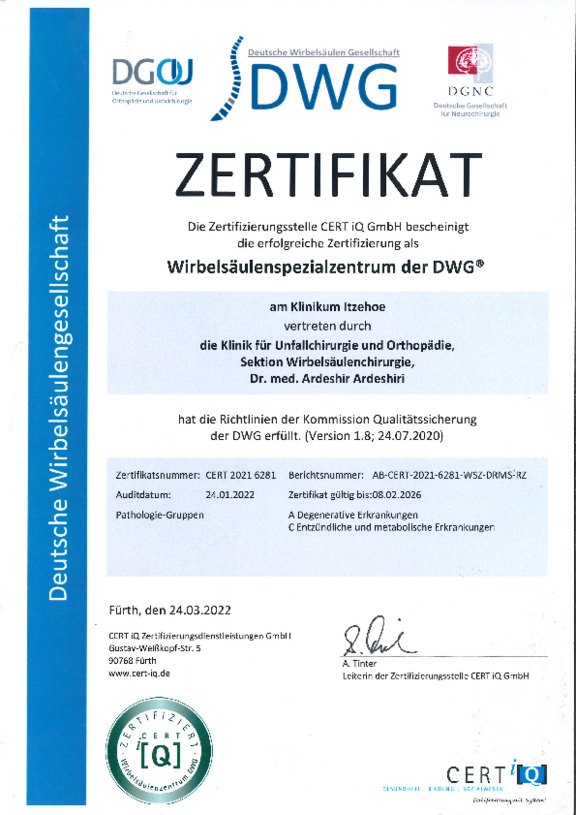 Öffnet das Zertifikat von CertIQ nach den Anforderungen der Deutschen Wirbelsäulen Gesellschaft für das Wirbelsäulenspezialzentrum der DWG