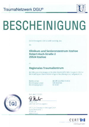 Zertifikat von CertIQ nach den Anforderungen des TraumaNetzwerkes DGU für das Regionale TraumaZentrum, gültig bis zum 06.10.2027