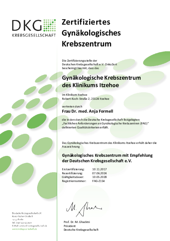 Öffnet das Zertifikat der Deutschen Krebsgesellschaft nach deren Anforderungen für das Gynäkologische Krebszentrum des Klinikums Itzehoe