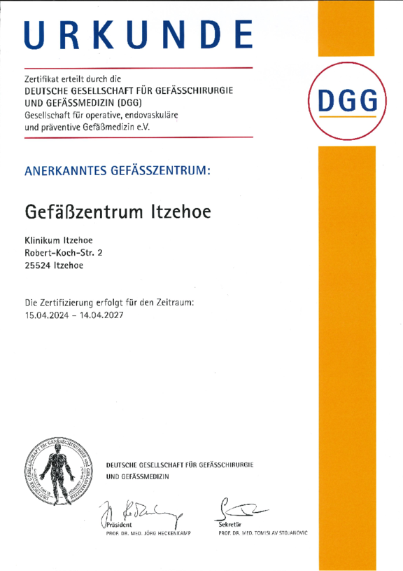 Öffnet das Zertifikat der Deutschen Gesellschaft für Gefäßchirurgie und Gefäßmedizin nach deren Anforderungen für das Gefäßzentrum Itzehoe