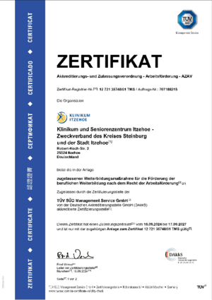 Zertifikat des TÜV SÜD nach den Anforderungen der AZAV als zugelassene Weiterbildungsmaßnahme für die Förderung der beruflichen Weiterbildung nach dem Recht der Arbeitsförderung, gültig bis zum 17.09.2027